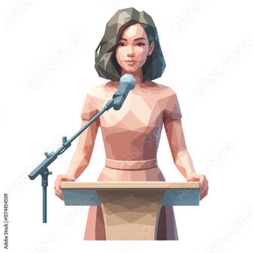Public Speaker Illustration – Vector Woman Speaking at Podium to Seated Audience in Conference Hall