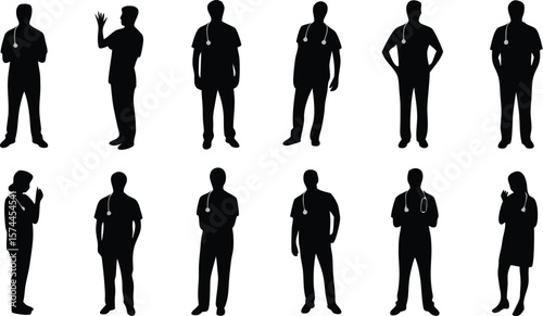Black Silhouettes of Doctors and Nurses Wearing Stethoscopes in Various Poses on White Background