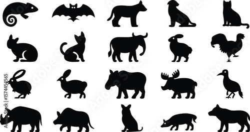 Black Silhouette Illustration Featuring Animals Including Mammals, Birds, Reptiles, and Insects, Isolated on White