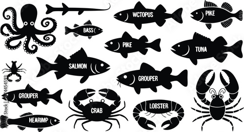 Black Silhouettes of Various Sea Creatures including Fish, Octopus, Crab, Lobster, and More