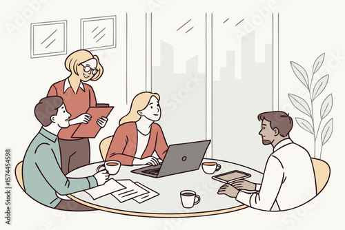 Modern office meeting illustration with natural light, glass windows, and minimalist decor—perfect for business presentations, teamwork, and workplace themes.