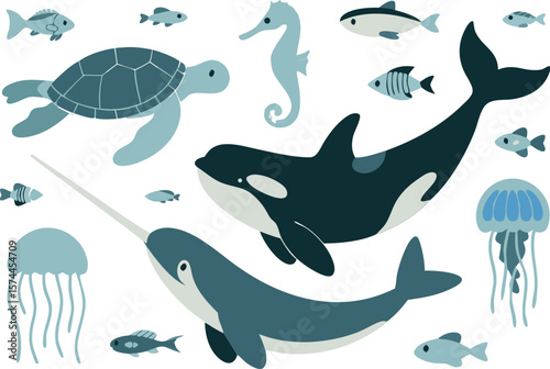 Cartoon Ocean Animals Orca, Narwhal, Turtle, Seahorse, Jellyfish, and Fish on White Background