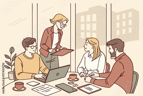 Modern office meeting illustration with natural light, glass windows, and minimalist decor—perfect for business presentations, teamwork, and workplace themes.
