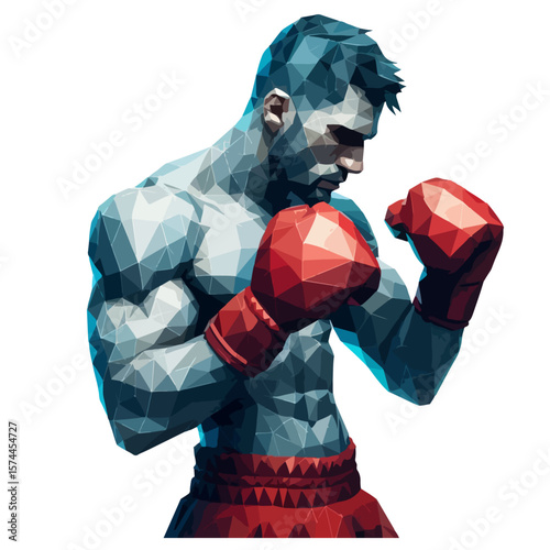 Polygonal Boxer Illustration – Abstract Vector Athlete with Red Gloves in Defensive Fighting Stance