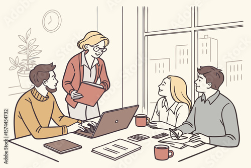 Modern office meeting illustration with natural light, glass windows, and minimalist decor—perfect for business presentations, teamwork, and workplace themes.