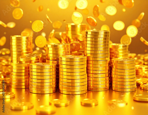 Stacks of Shiny Gold Coins in Warm Light – Wealth and Treasure Concept