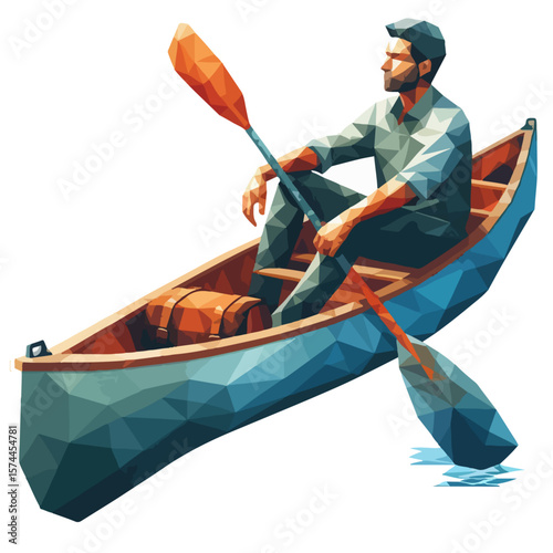 Polygonal Canoe Man Illustration – Low-Poly Vector of Paddler with Hat and Gear on Geometric Water Surface