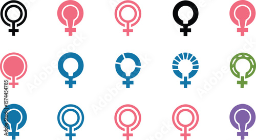 Collection of Colorful Female Gender Symbols Black, Pink, Blue, Green, and Purple Variants