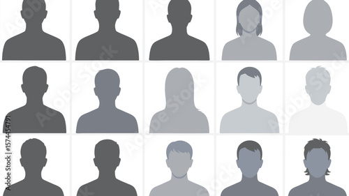 Collection of GrayScale Unknown Person Profile Avatars Silhouettes of Diverse Individuals with Varying Hairstyles