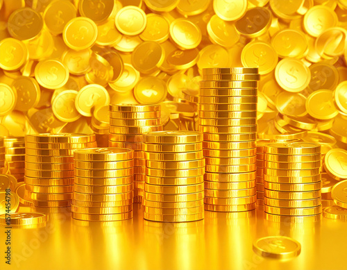 Stacks of Shiny Gold Coins in Warm Light – Wealth and Treasure Concept