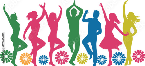 Colorful Silhouettes of People Dancing with Flowers, Green, Pink, Blue and Yellow Tones