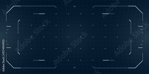 Futuristic cyberpunk HUD overlay with glowing target reticle, glitch effects and digital frame. Tactical interface blends VR, drone cam and sci fi elements on a blue tech blueprint background.
