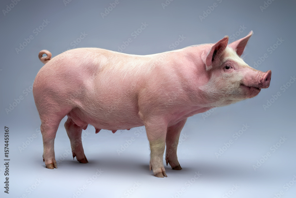 Fototapeta premium Live pig stands on its hooves on a light gray background.