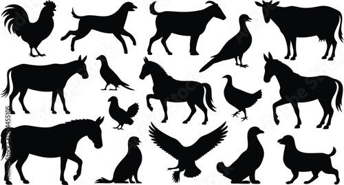 Farm Animals and Birds Silhouettes Illustration Rooster, Horses, Dog, Goat, Cow, Eagle