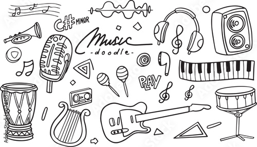 Music Elements Vector Illustration – Saxophone, Microphone, Notes, Guitar, Playlist, Melody, Speaker, Sound, Jazz, Rhythm, Instrument, Tune, Doodle Art, Creative