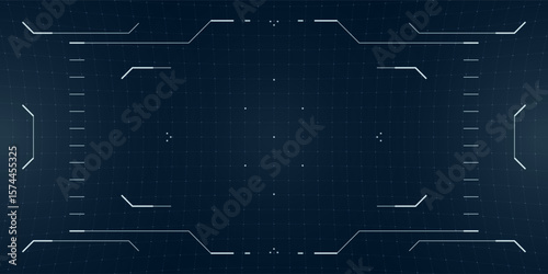 Cyberpunk HUD overlay in techno palette with glitchy radar and crosshair interface. Digital camera view layered with reticle display and blueprint system grid.