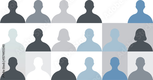 Rows of Shadowy Person Silhouettes in Grayscale and Blue Tone Variation on White Background