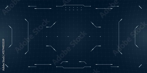 FPV drone HUD with recording interface and digital distortion. Futuristic cybersport monitor in black and blue with glowing reticle and glitch overlays.