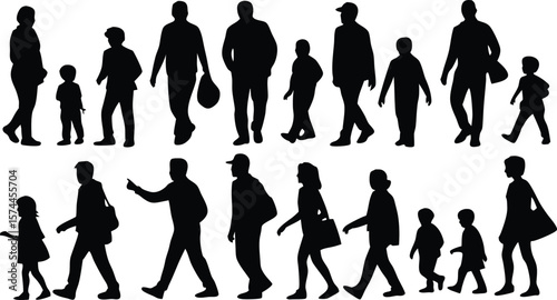 Silhouette Crowd People Walking, Standing, Children Included Illustration Isolated on White