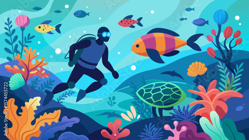 A man in a black wetsuit is swimming with a fish. The man is wearing goggles
