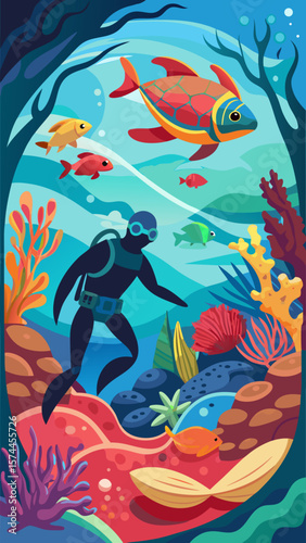 A man in a black wetsuit is swimming with a fish. The man is wearing goggles