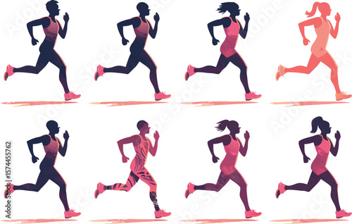 Silhouette Illustration of Men and Women Jogging in Pink and Purple Athletic Gear