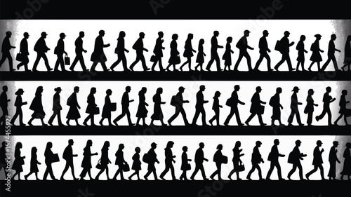 Silhouetted People Walking in Rows A Diverse Group of Individuals in Motion, Black and White