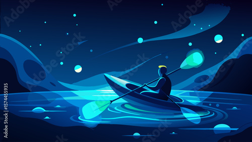 A man is paddling a kayak in the dark. The water is illuminated by glowing lights, creating a serene and peaceful atmosphere