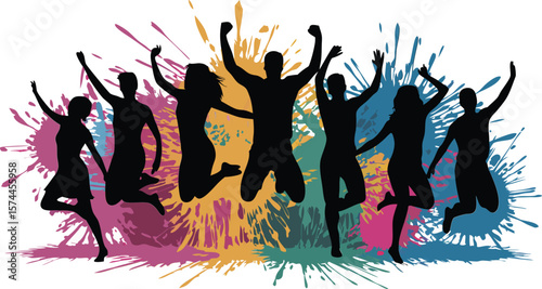 Silhouetted Group of People Jumping in Joyful Celebration with Colorful Abstract Paint Splashes Background
