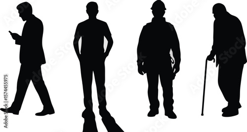 Silhouettes of Diverse Men Business, Casual, Construction, and Elderly Figure with Cane on White Background