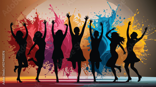 Silhouettes of Dancing Women Against Colorful Splattered Paint Background Celebration and Joy