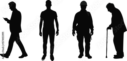 Silhouettes of Four Men Representing Different Generations, including a Businessperson, Worker, and Elderly Man