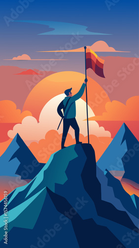 A man is standing on a mountain with a flag in his hand. The flag is red and white. The man is looking up at the sky. The sky is blue and the sun is setting. The mountains are in the background