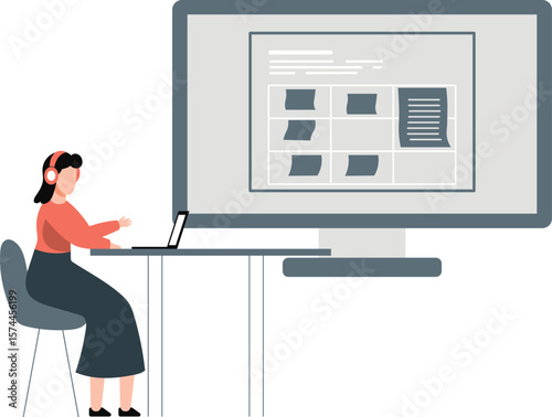 Lady employee listening music while duty