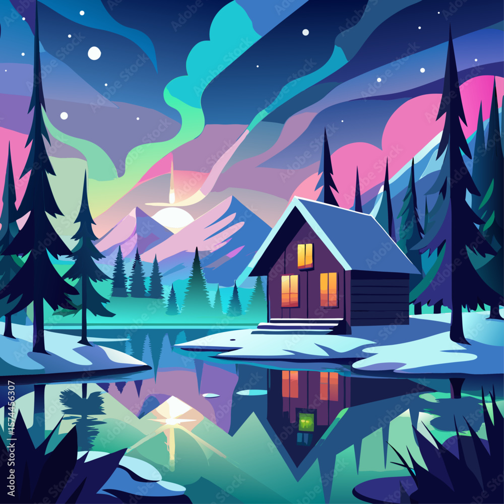 Naklejka premium A house is shown in a painting of a forest with a lake in the background. The house is surrounded by trees and the lake is calm and peaceful. The painting evokes a sense of tranquility and serenity