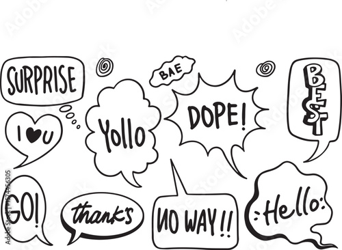 Fun Comic Speech Bubble Set – Yolo, Dope, Surprise, Pop Art, Handwritten, Expression, Black and White, Doodle, Sketch, Comic Text, Reaction Words, Funny, Fun Font, Wow, Emote