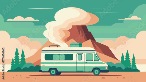 A green camper van is driving down a dirt road next to a mountain. The van is covered in smoke, and the mountain in the background is covered in trees. The scene is peaceful and serene
