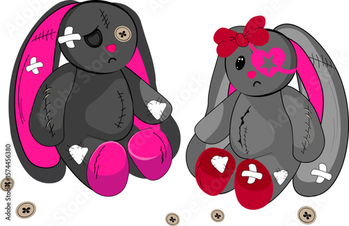 Vector Two adorable yet tattered zombie plush rabbits, bunnies with stitches and buttons sit side-by-side, creating an ideal vector image for Halloween, horror, or gothic themes.