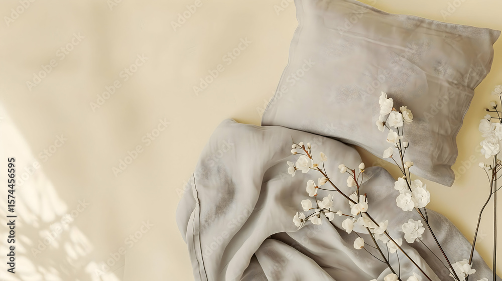Obraz premium Cozy linen bedding with white flowers and soft shadows.