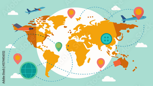 A colorful map of the world with airplanes and other symbols scattered across it. The map is designed to show the different routes and destinations of various flights. Scene is one of travel