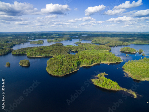 Aerial view of islands on Rautjarvi lake near Pehniemi in southeastern Finland