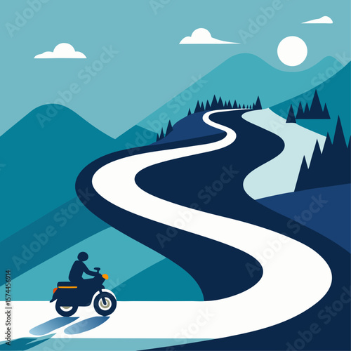 A man is riding a motorcycle down a mountain road. The road is winding and curvy, and the mountains in the background create a sense of adventure and excitement