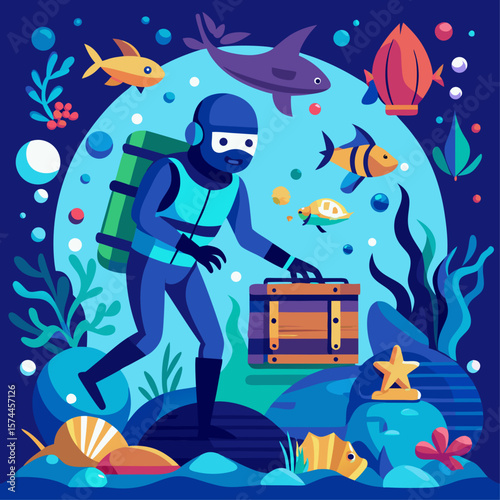 A man in a yellow life jacket is holding a container with a fish in it. The scene is set underwater with a variety of fish swimming around
