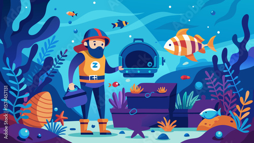 A man in a yellow life jacket is holding a container with a fish in it. The scene is set underwater with a variety of fish swimming around