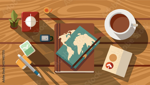 A table with a book, a cup of coffee, and a pen. The book is titled "The World" and is open to a page with a map of the world