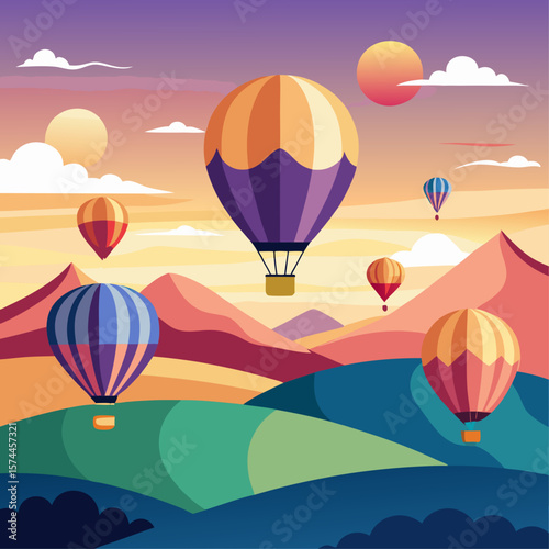 A colorful hot air balloon ride over a mountain range. The sky is filled with hot air balloons of different colors, and the sun is setting in the background. Concept of adventure and excitement