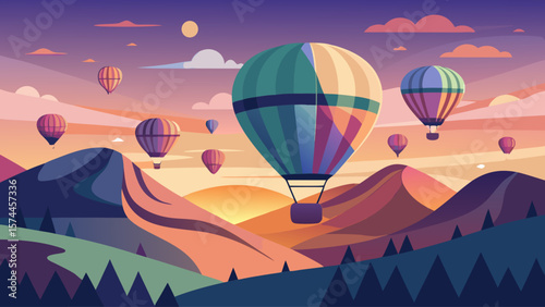 A colorful hot air balloon ride over a mountain range. The sky is filled with hot air balloons of different colors, and the sun is setting in the background. Concept of adventure and excitement