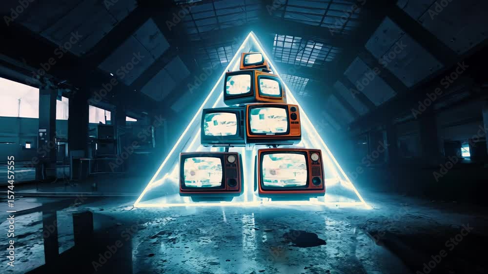 Vintage TVs pyramiding inside abandoned industrial space, glowing with static interference under colored neon lighting