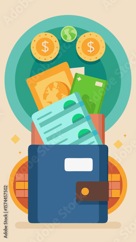A blue wallet with a yellow strap and a green coin. The wallet is full of money and has a world map on it