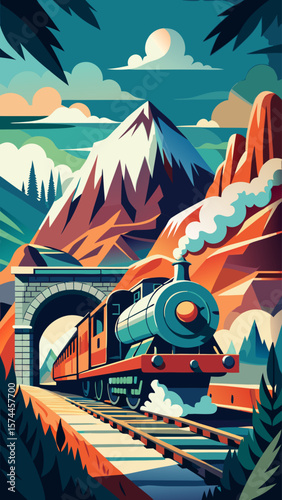 A train is traveling through a mountainous landscape. The train is surrounded by trees and mountains, and the steam coming from the train engine adds to the sense of adventure and excitement